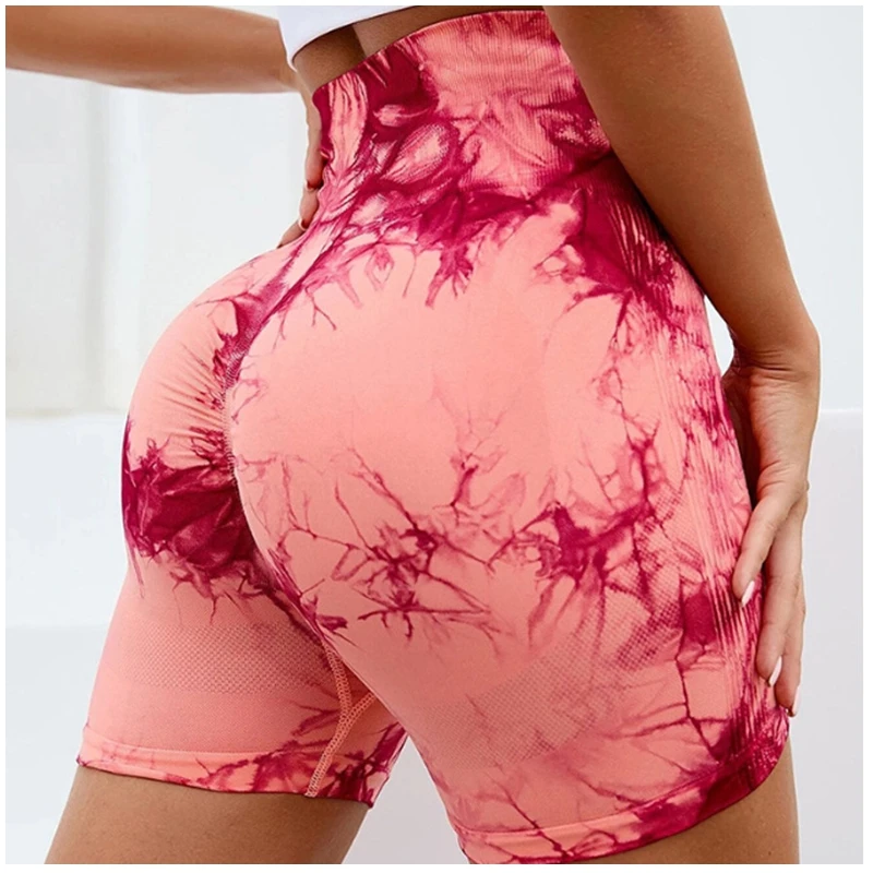 Short de Yoga sans couture pour femmes, teinture par nouage, taille haute, ventre, Fitness, sport, hanche pêche, pantalon à trois points