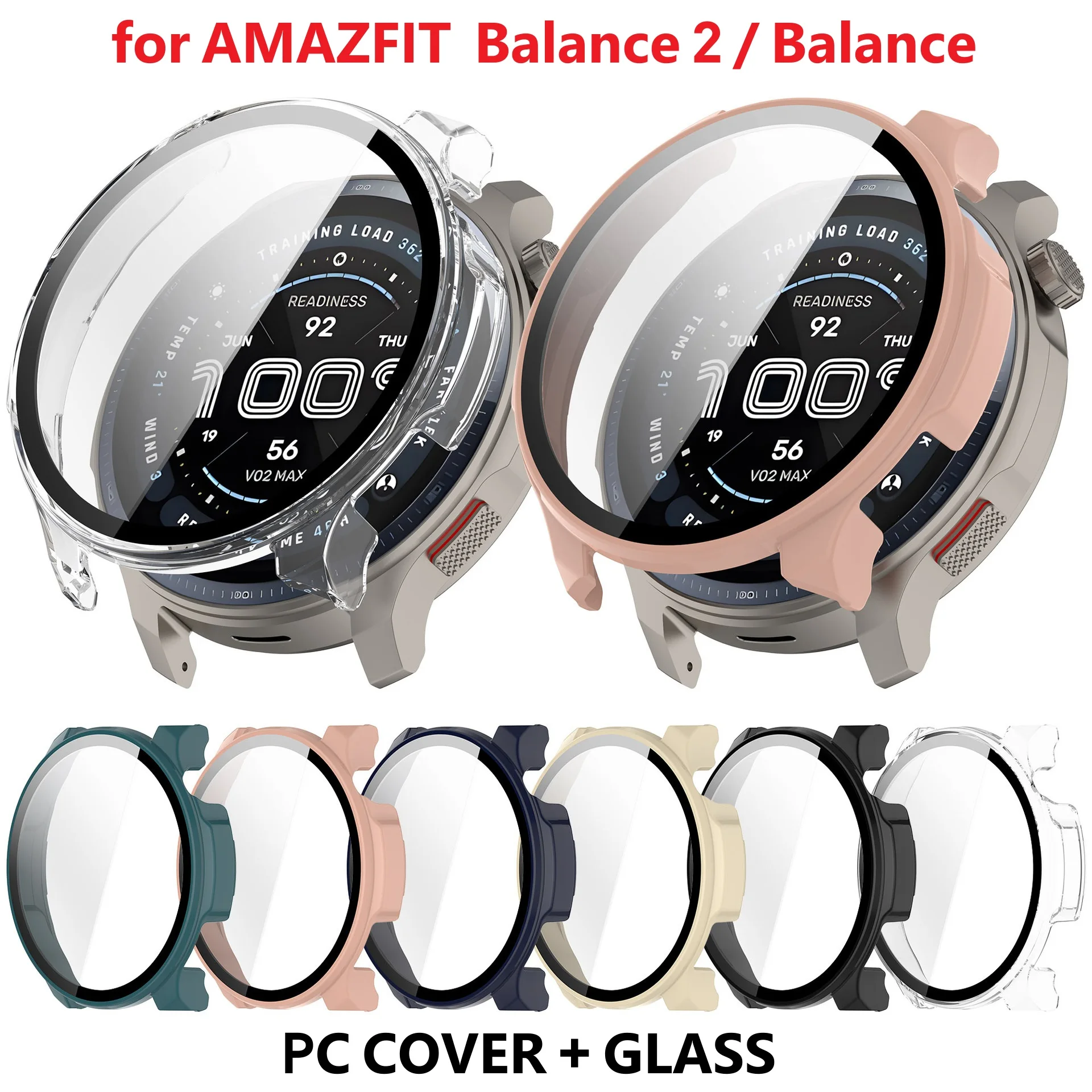 PC Protective Watch Case for Amazfit Balance 2 / Balance Smart Watch Bumper Full Coverage Tempered Glass Screen Protector Cover
