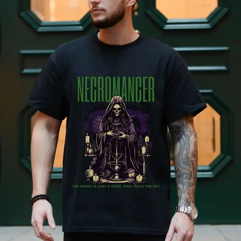 Necromancer Graphic Tee, Dark Fantasy T-Shirt, Occult Clothing, Mystical Wizard Print, Gothic Style Apparel, Unisex Shirt, Grimm