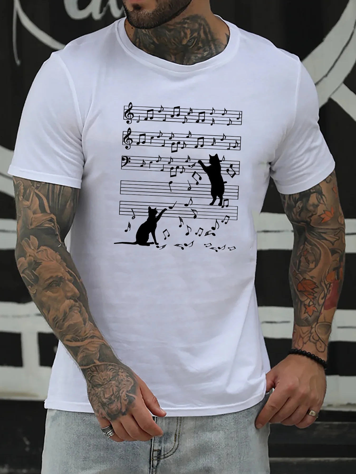 Cat And Music Note Print Men's Crew Neck Funny T-shirt 180GMS 100% Cotton Short Sleeve Versatile Casual Summer Clothes