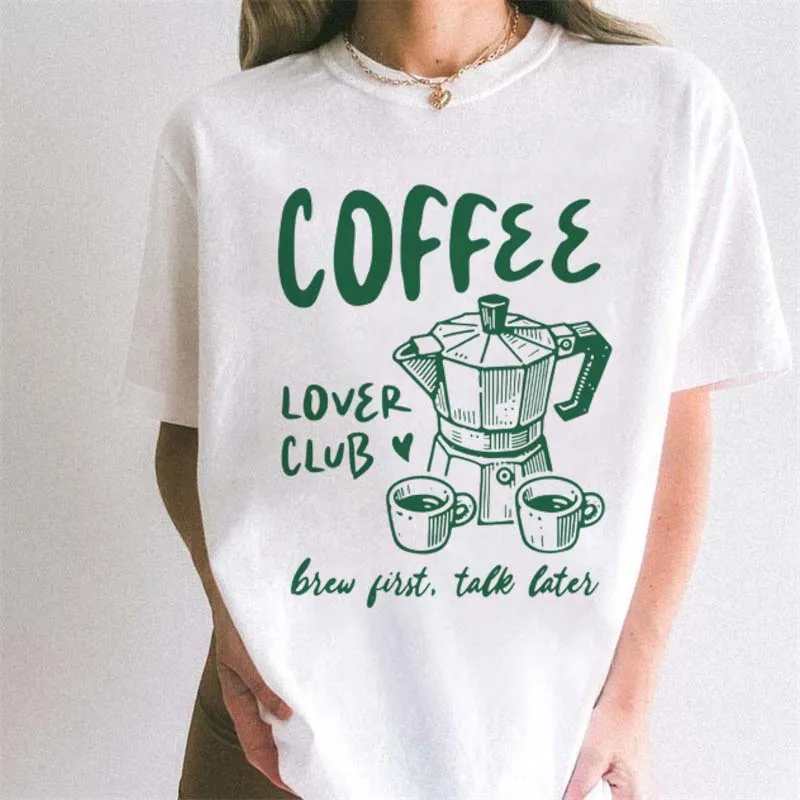 

Pattern T-Shirt Coffee Lover Club Brew First Talk Later Printed Short Sleeve Harajuku Round Neck Women's Cartoon New Top T-Shirt