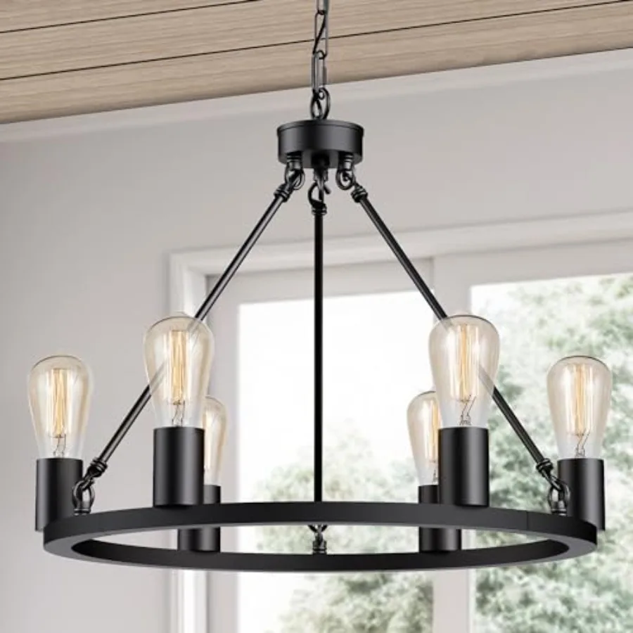 

Farmhouse Chandeliers for Dining Room 6-Light Wagon Wheel Chandelier Over Table Height Adjustable 19" Dining Room Light Fixture