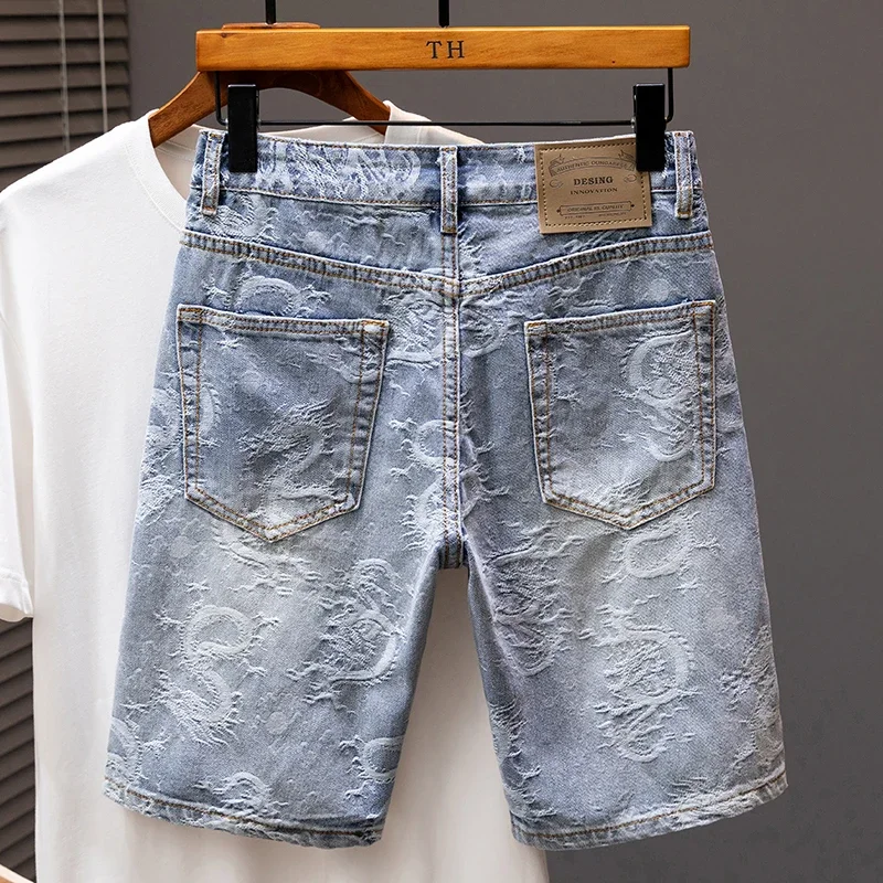 2024 Summer New Personality Dragon Print Stylish Straight Blue Denim Shorts Male Street Style Men\'s Straight Denim Shorts