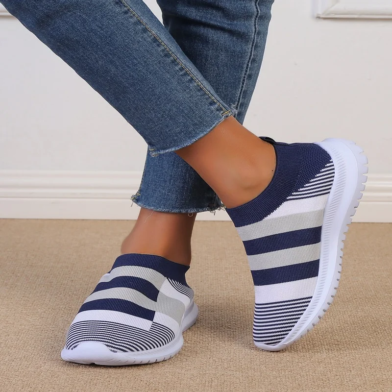 Fashion Striped Knitted Sneaker Shoes for Women Comfort Soft Slip-On Flats Woman Mix Color Non-Slip Sports Shoes Zapato Mujer