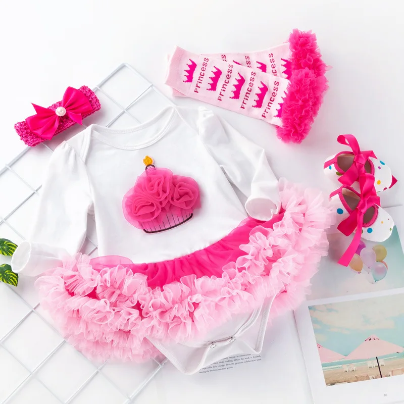 

Baby Long Sleeve Romper Dress Newborn Cotton Rose Pink Birthday Romper Dress Princess Dress Four-Piece Set