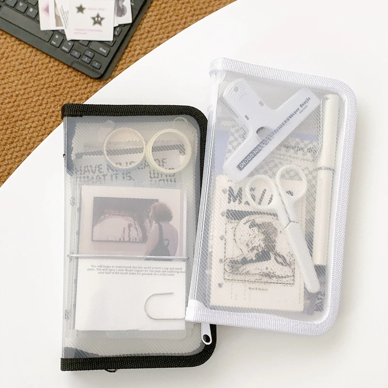 Pochette de rangement artisanale en PVC texturé A6, organisateur d'autocollants transparents pour Scrapbooking, sac de maquillage minimaliste, étui à stylos de grande capacité