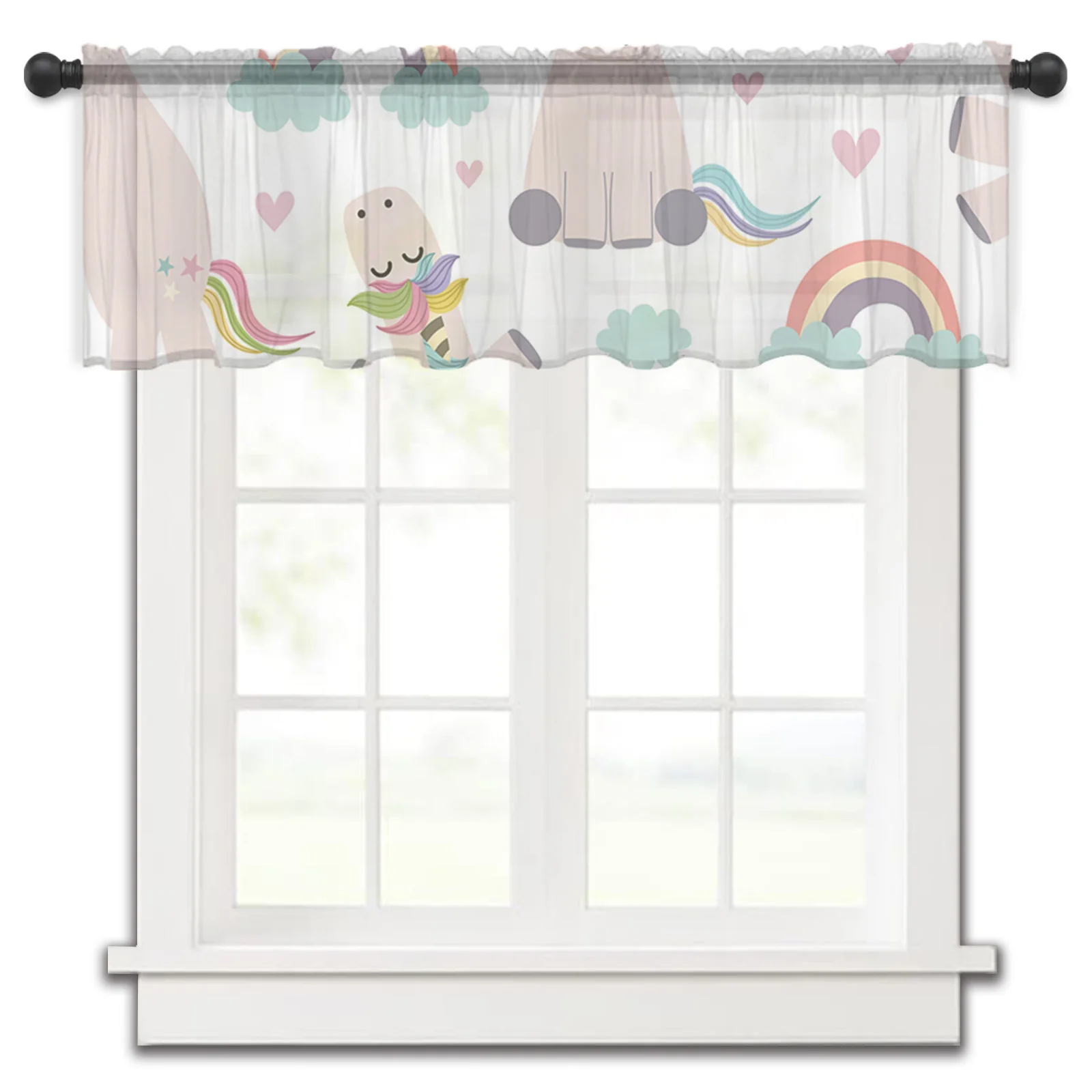 Cartoon Seahorse Rainbow Wooden Horse Small Window Curtain Tulle Sheer Short Curtain Bedroom Living Room Home Decor Voile Drapes