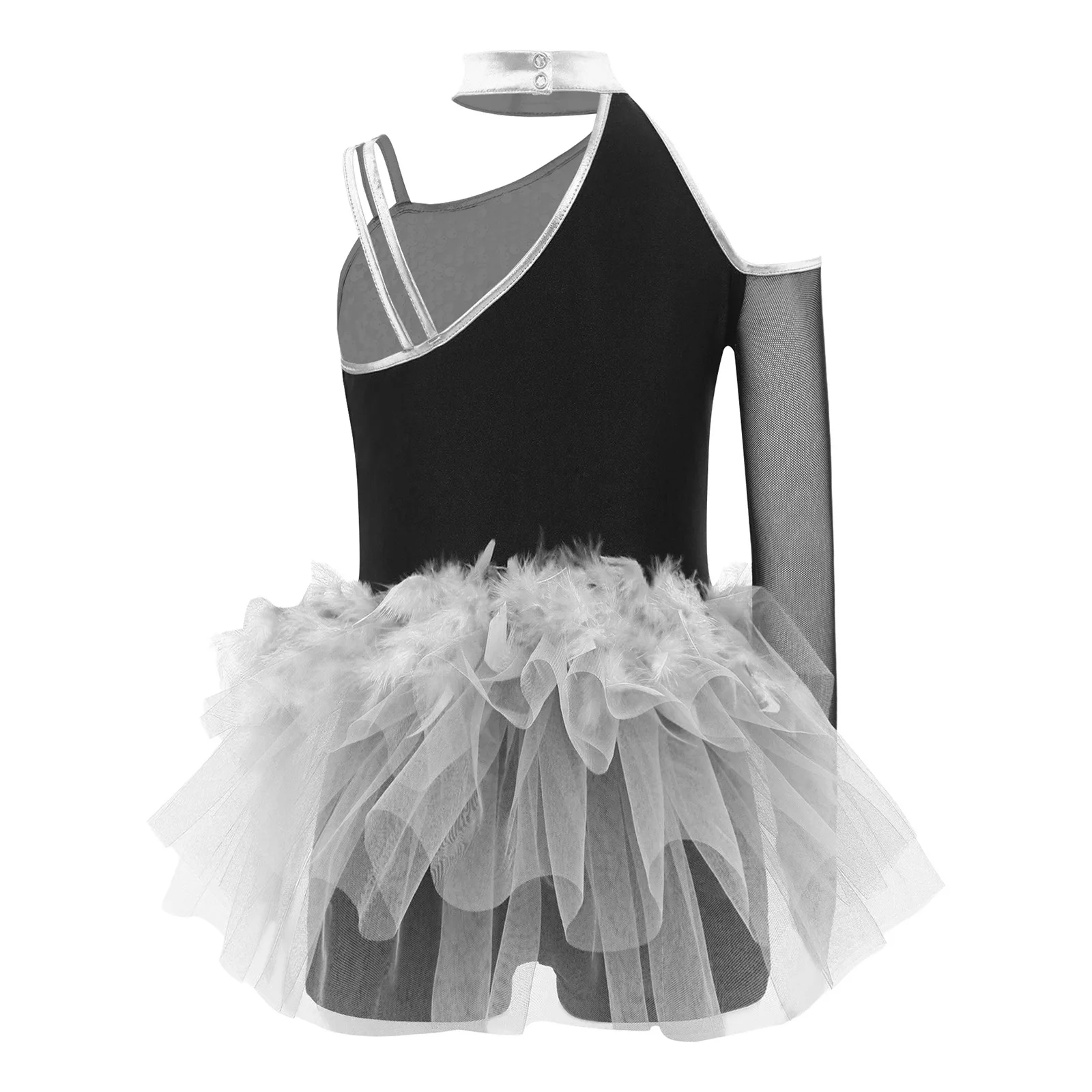 Kinder Mädchen Latin Jazz Dance Overall One Shoulder Glitzernde Pailletten Mieder Feder Tüll Tutu Trikot mit Rock Bühnenwettbewerb