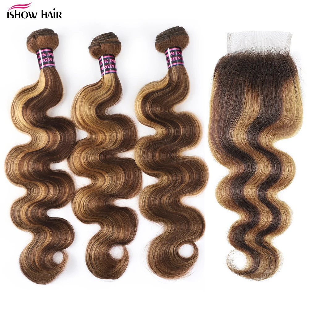 Ishow Highlight Bundles With Closure 4x4 Lace Closure With Body Wave Bundles Brazilian Remy Human Hair Weave Hair Extentions