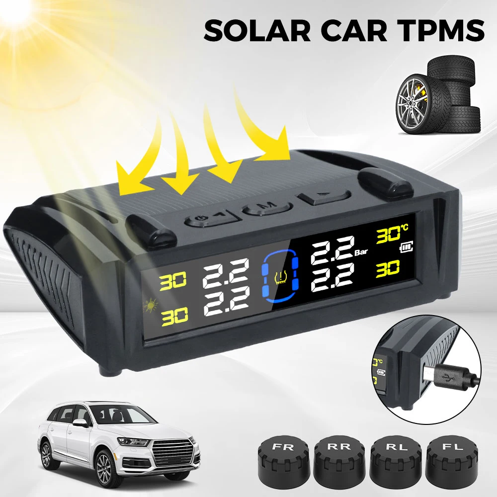 Car Solar TPMS Tire Pressure Monitoring System 4 External Temperature Warning ​Auto Security Alarm Systems Accessories Universal
