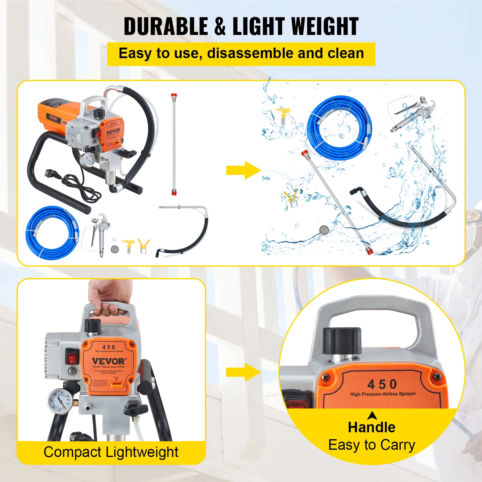 VEVOR Pro Airless Wall Paint Sprayer 1800W Electric Sprayer Gun Kit with Pipe High Pressure Adjustable for Wall/Wood/Metal Paint