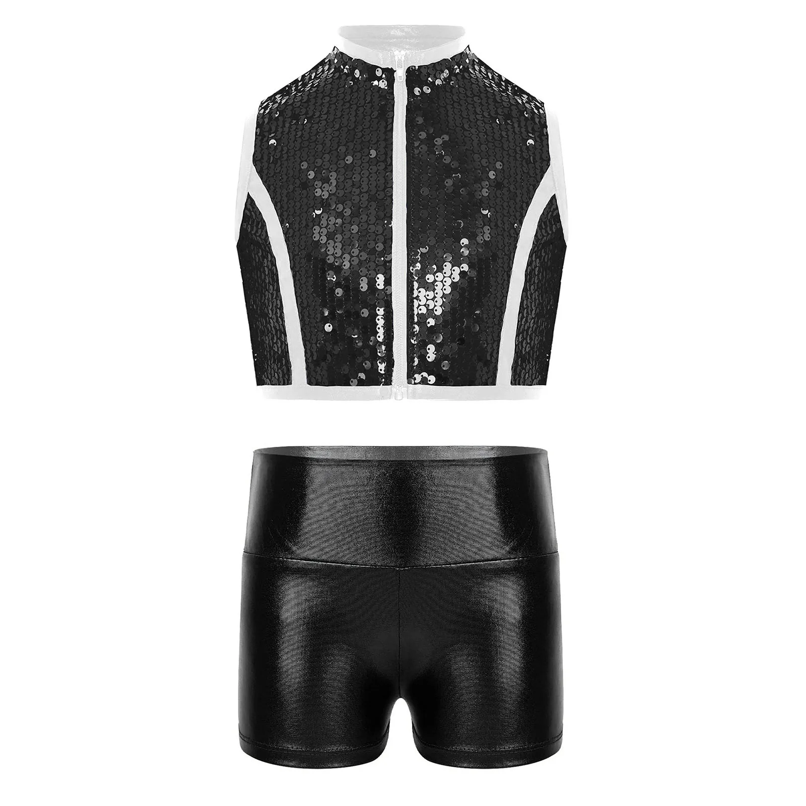 

Kids Girls Sleeveless Contrast Color Trim Zipper Sparkling Sequins Crop Top with Dance Shorts for Jazz Dance Stage Performance