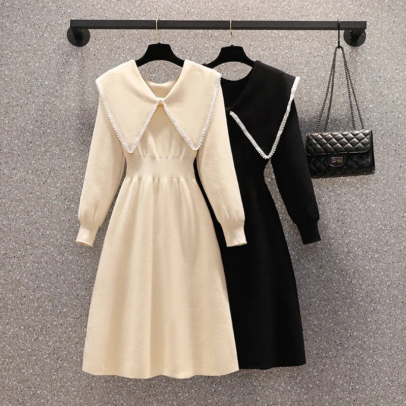 Women Knitted Party Dress Long Sleeve Pear Beaded Sweet Big Peter Pan High Waist A Line Dresses Elegant Fashion Winter Robes