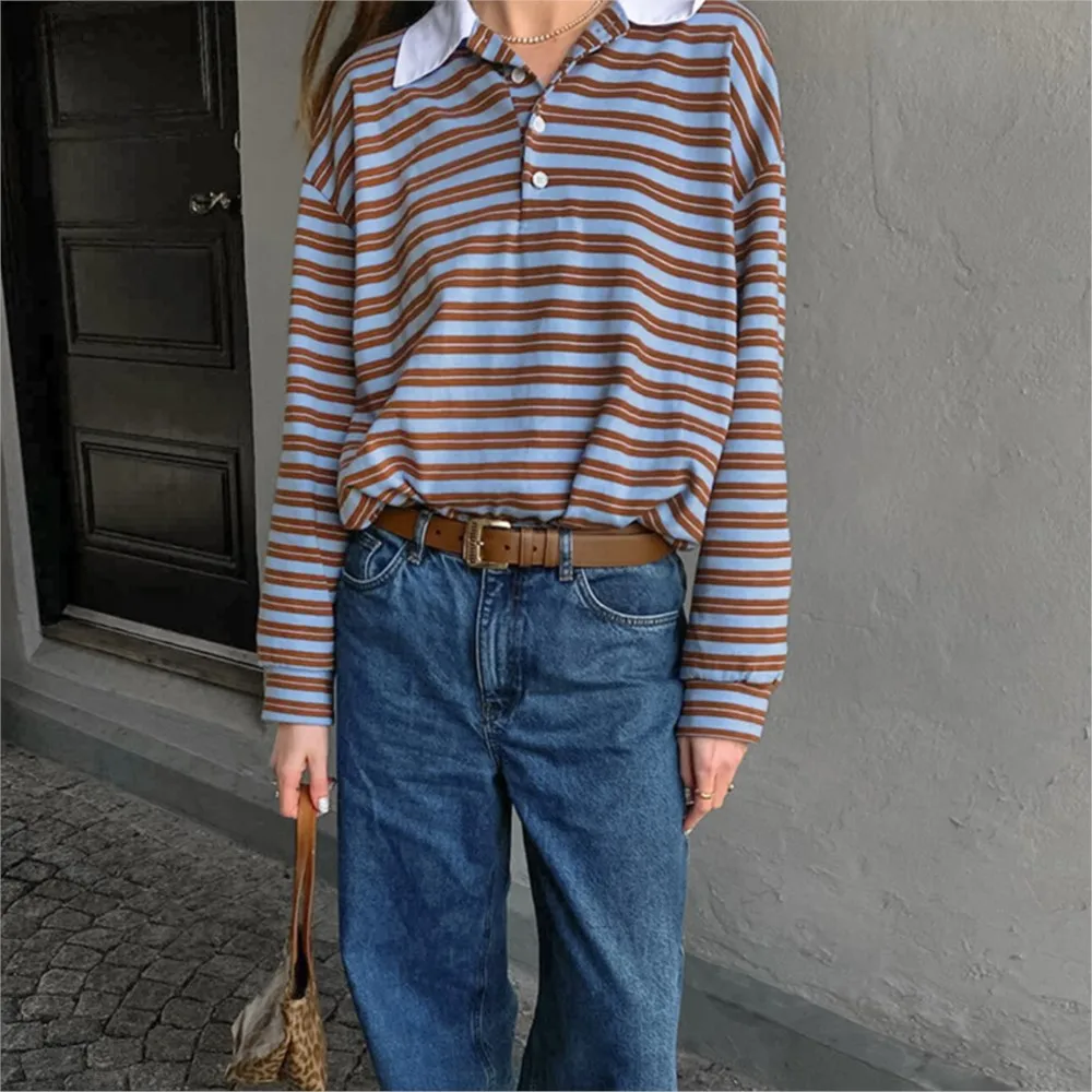 Women's Clothing Long Sleeve Tops Stripe Fashion Contrast Casual Loose Simple Style All-match Commuting Temperament Comfortable 2