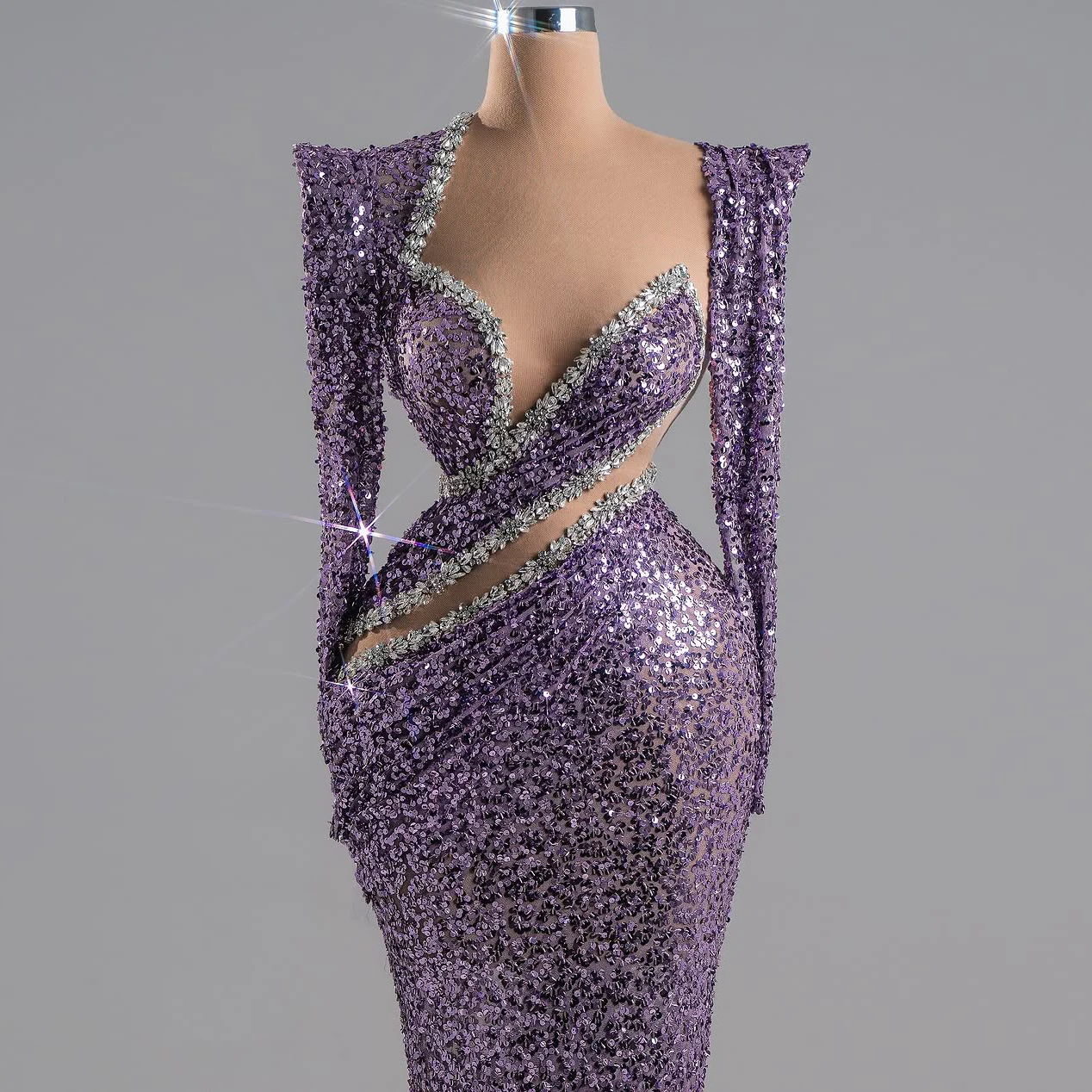 فساتين متألقة من حجر الراين والترتر والدانتيل بأكمام طويلة فستان حورية البحر مخرم مصمم للنساء فستان حفلة مثير #2