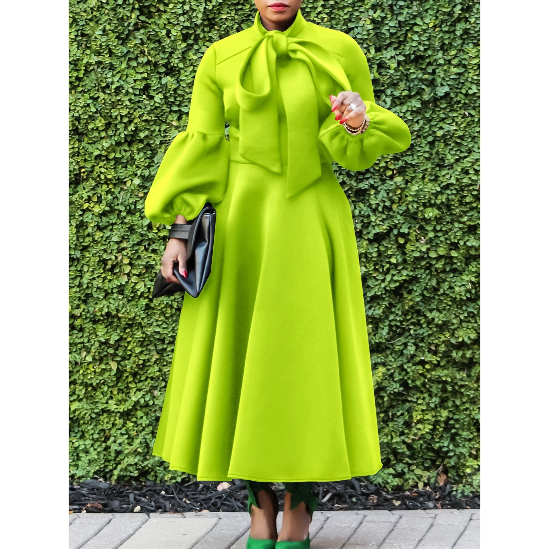 2024年春 ファッション ベルト付き ランタンスリーブ ハイウエスト ノット付き プラスサイズ マキシ丈 ロングスリーブ ポリエステル イブニングドレス