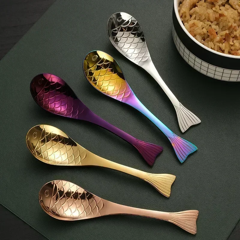 Cute Fish-Shaped Stainless Steel Soup Spoon, Food Grade Cutlery for Ice Cream Desserts, Creative Mermaid Spoon Kitchen Tableware