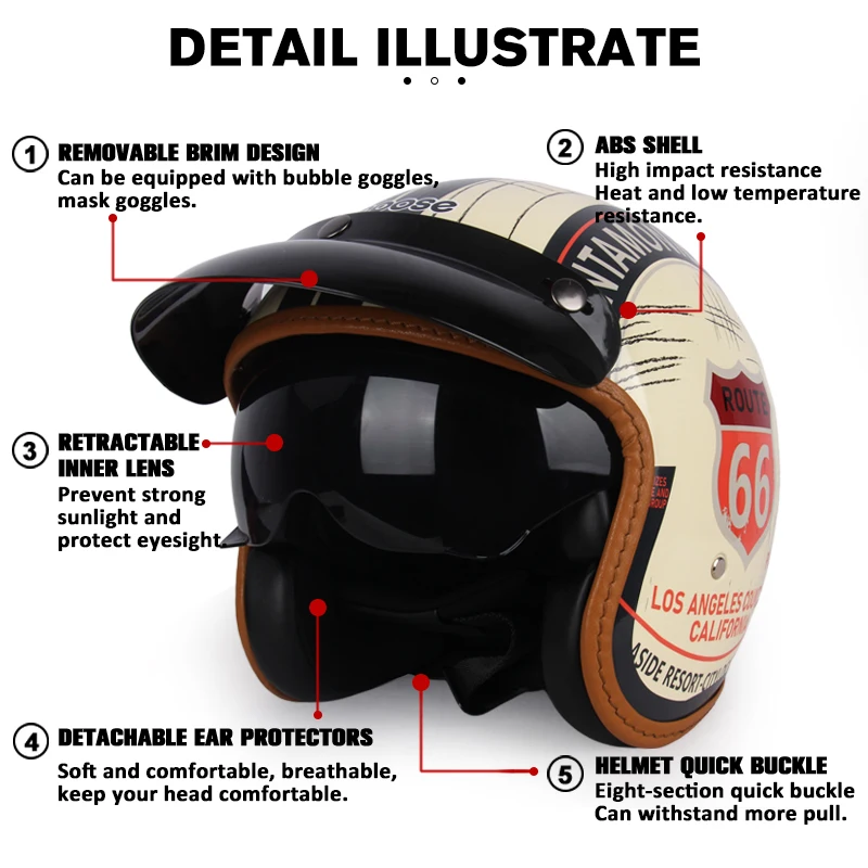 uchoose 3/4 retro helmet, motorcycle opening Vintage Motorcycle Helmet for Men & Women, Classic Retro Open Face Design