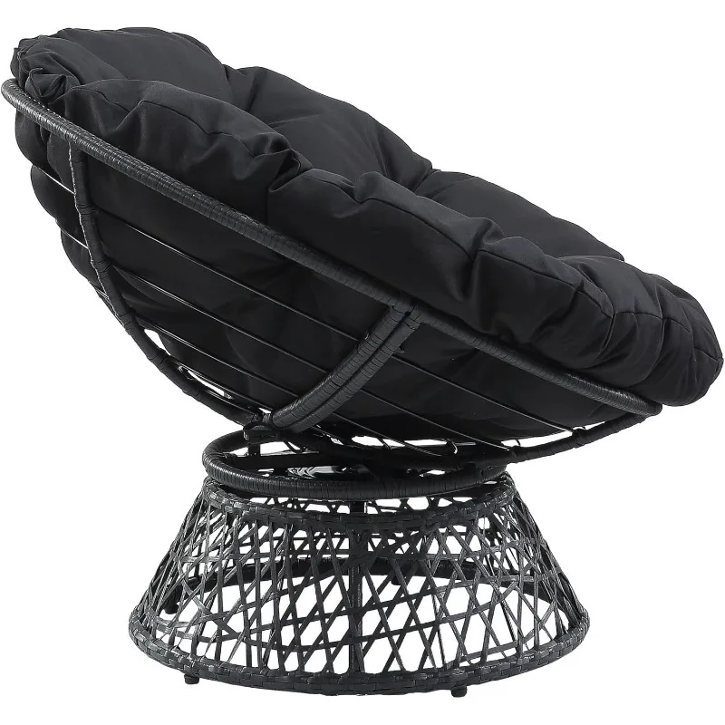 Wicker Papasan Chair with 360-Degree Swivel, Grey Frame with Black Cushion