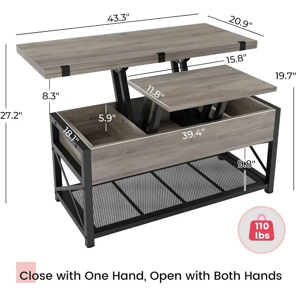 43 inch salontafel met hefblad, 3-in-1 multifunctionele kleine salontafels met opbergruimte voor woonkamer, salontafel