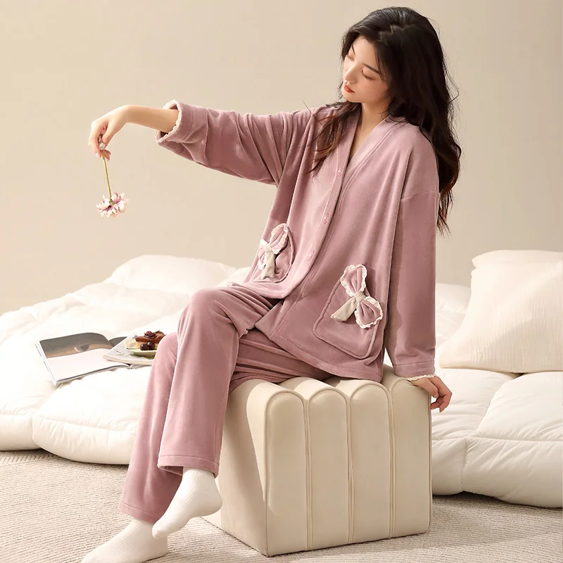 

Women's Pajamas V-Neck Cardigan Island Fleece Autumn Winter Pyjamas Female Pijamas Mujer Sleepwear Long-Sleeve Lounge Sleep Set