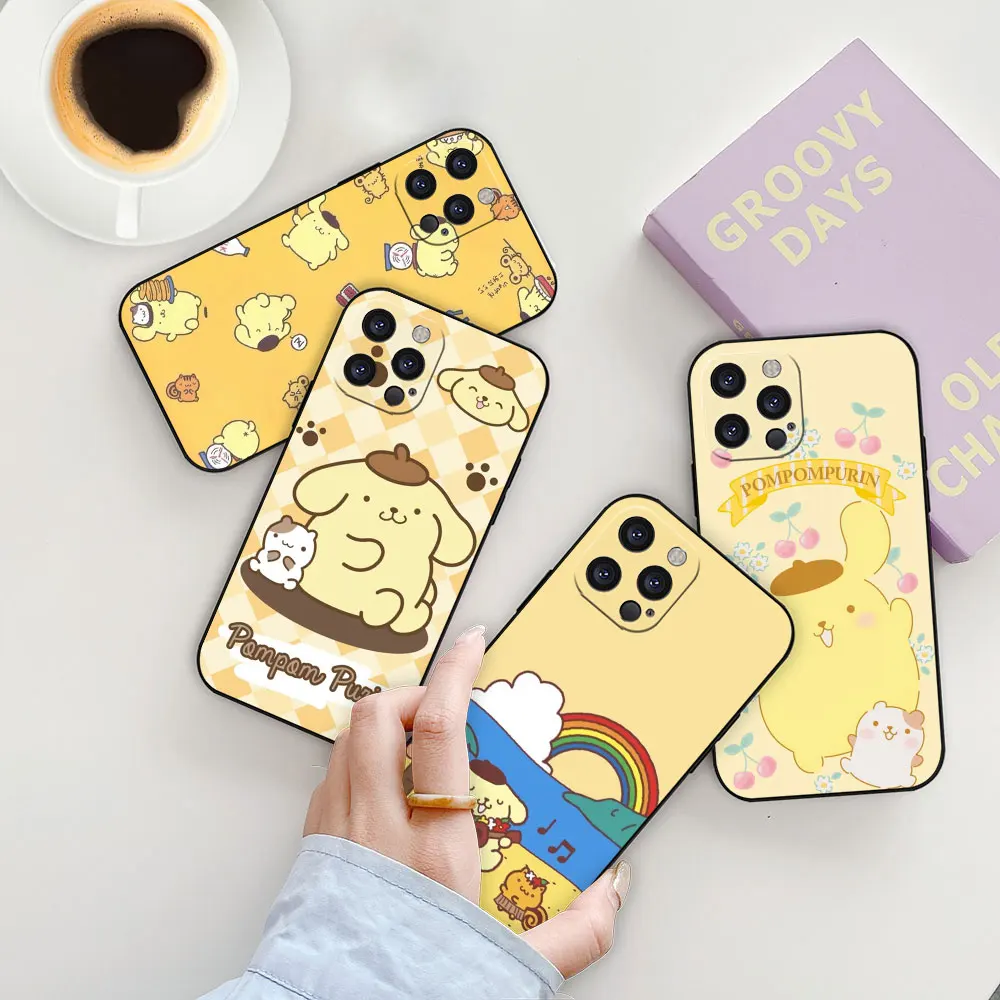 Cartoon PomPom Purin Cute Dog Funda For iPhone 15 14 ProMax 13 12 Mini 11 Pro 7 8 Plus XS Max XR SE Phone Case Black Soft Cover