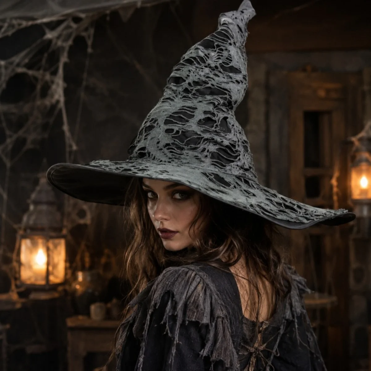 Halloween Distressed Pointed Witch Hat, Gray Black Gothic Sorcerer Hat, Dark COS Cosplay Headwear, Masquerade Party Themed Hat