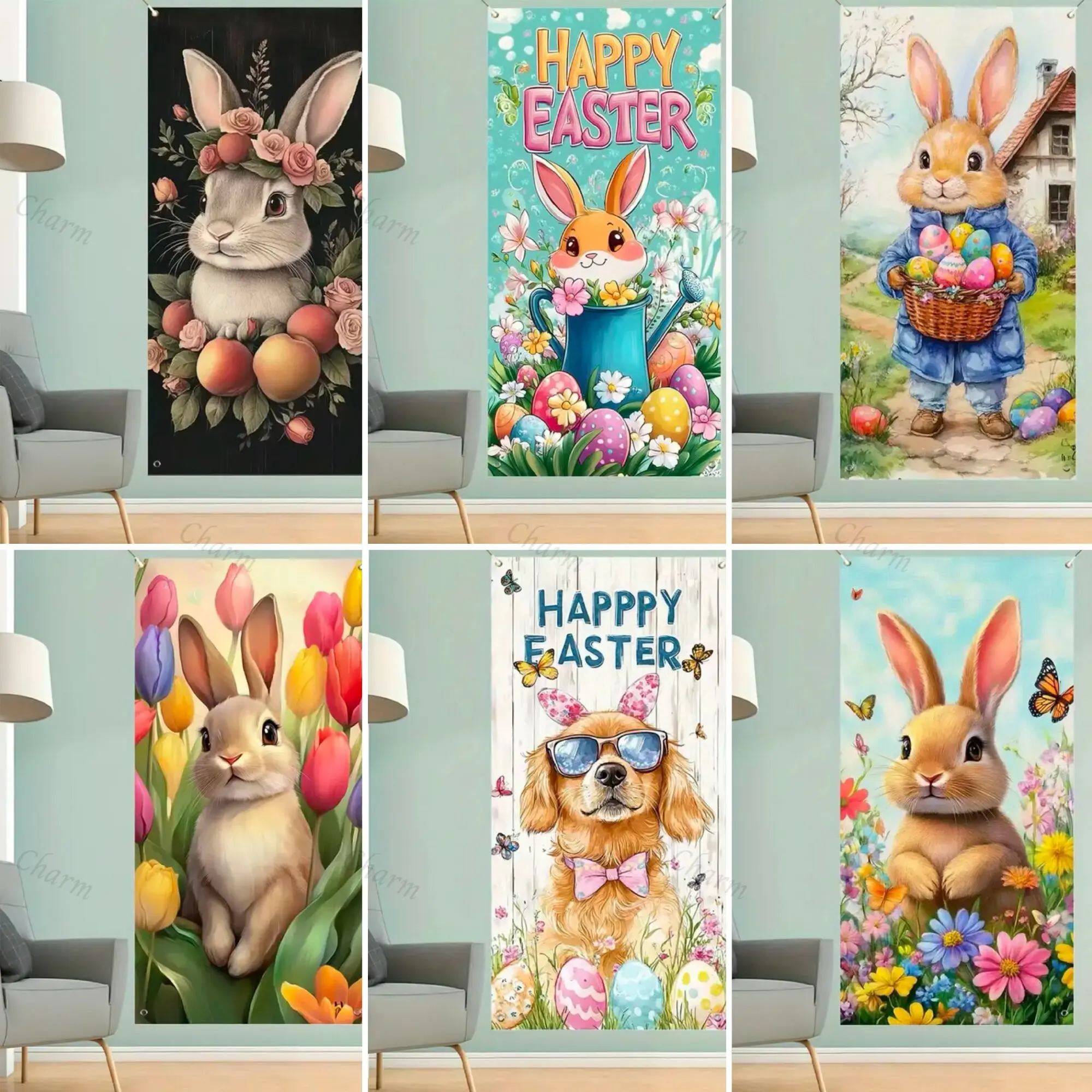 

Happy Easter Bunny Door Cover Background Spring Easter Door Curtain Hanging Decor Banner Festival Celebration Party Porch Decor