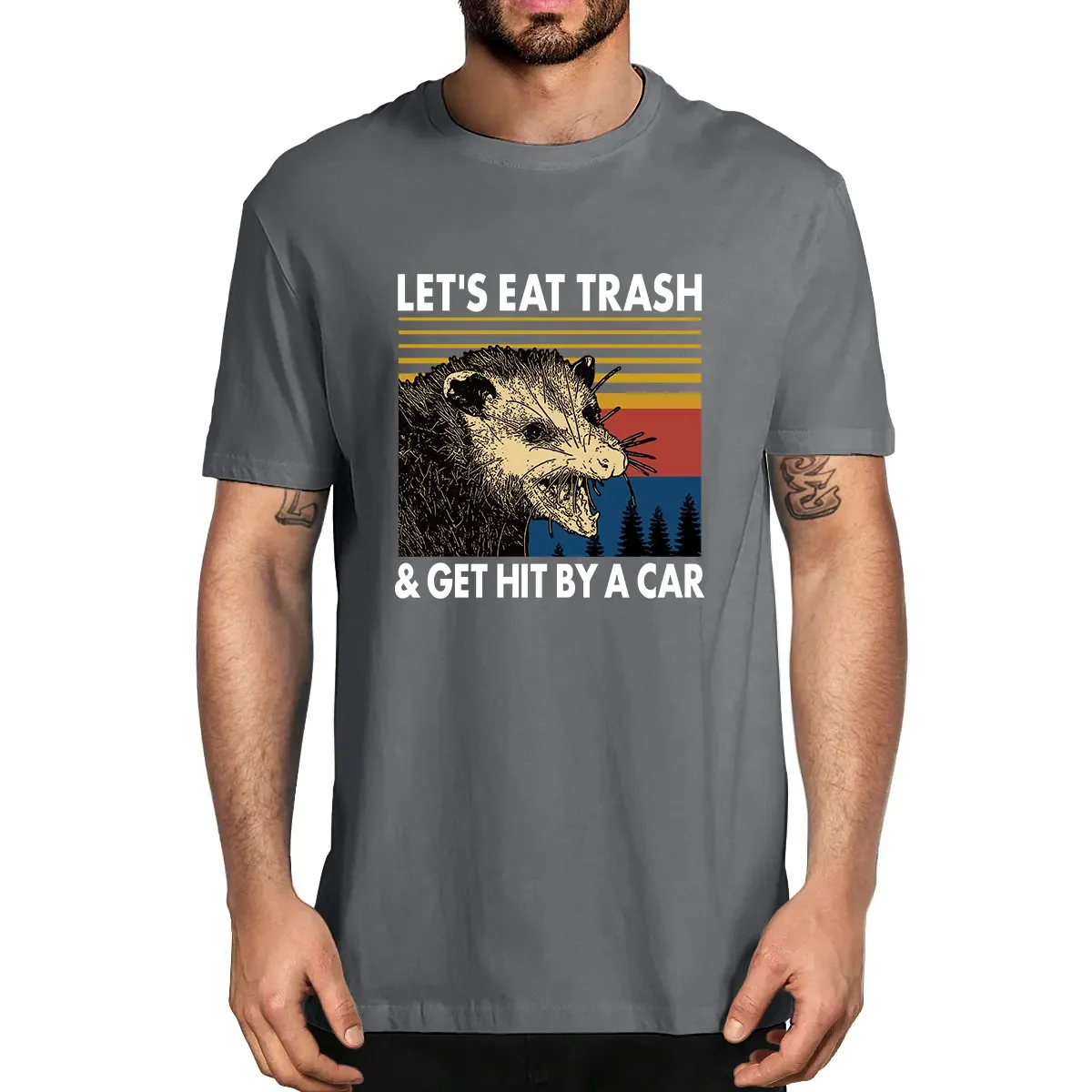 Raccoon Let's Eat Trash Get Hit By A Car 100% Cotton Shirt Novelty Vintage Men's T-Shirt Humor Women Top Tee Humor Streetwear