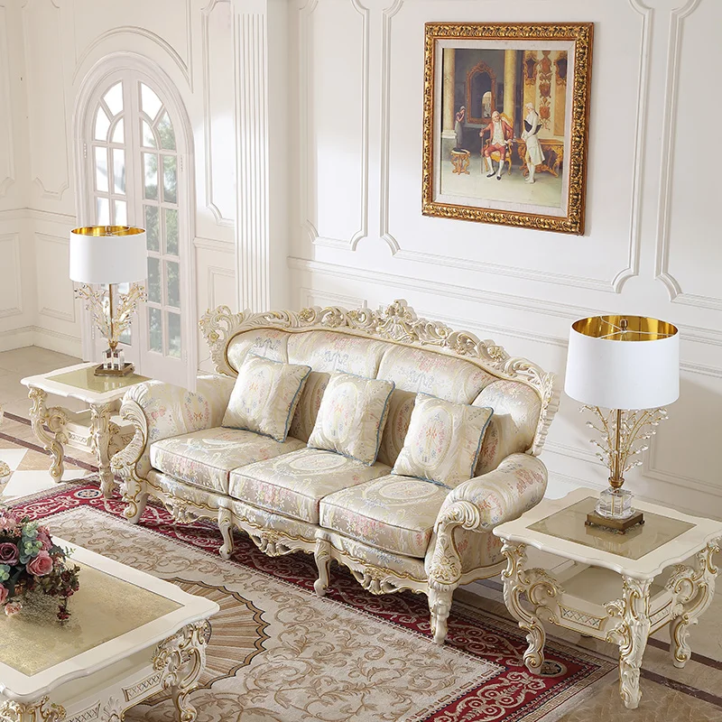 Palace French Furniture Solid Wood Gold Foil Fabric Sofa European Luxury Living Room 123 Combination