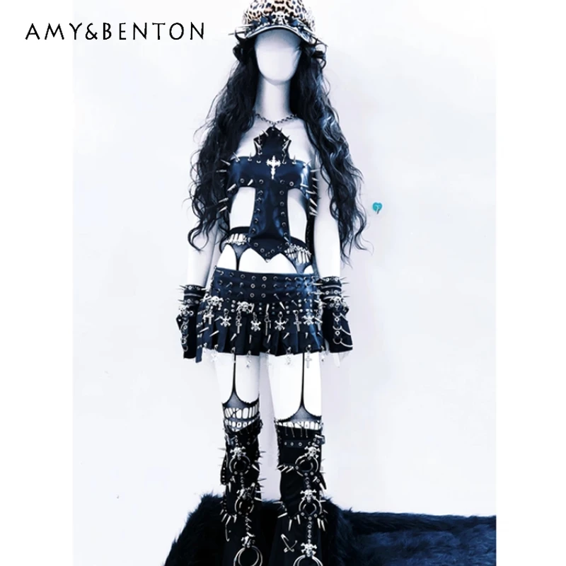Original Design Punk Dark Female Vest 2025 Autumn New Gothic Heavy Metal Rock Stage Performance Outfit Short Skirt Set Ladies