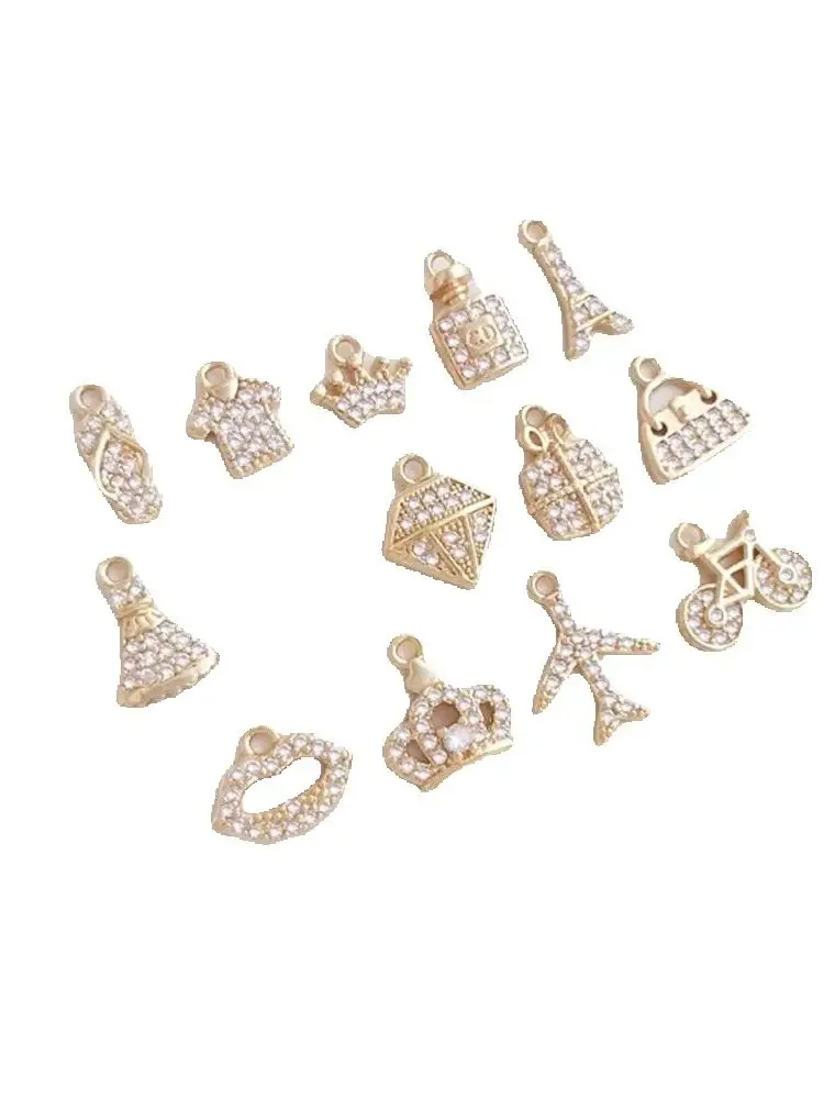 

14K package gold micro-set zirconia girl travel series small charm bag perfume skirt crown diy pendant