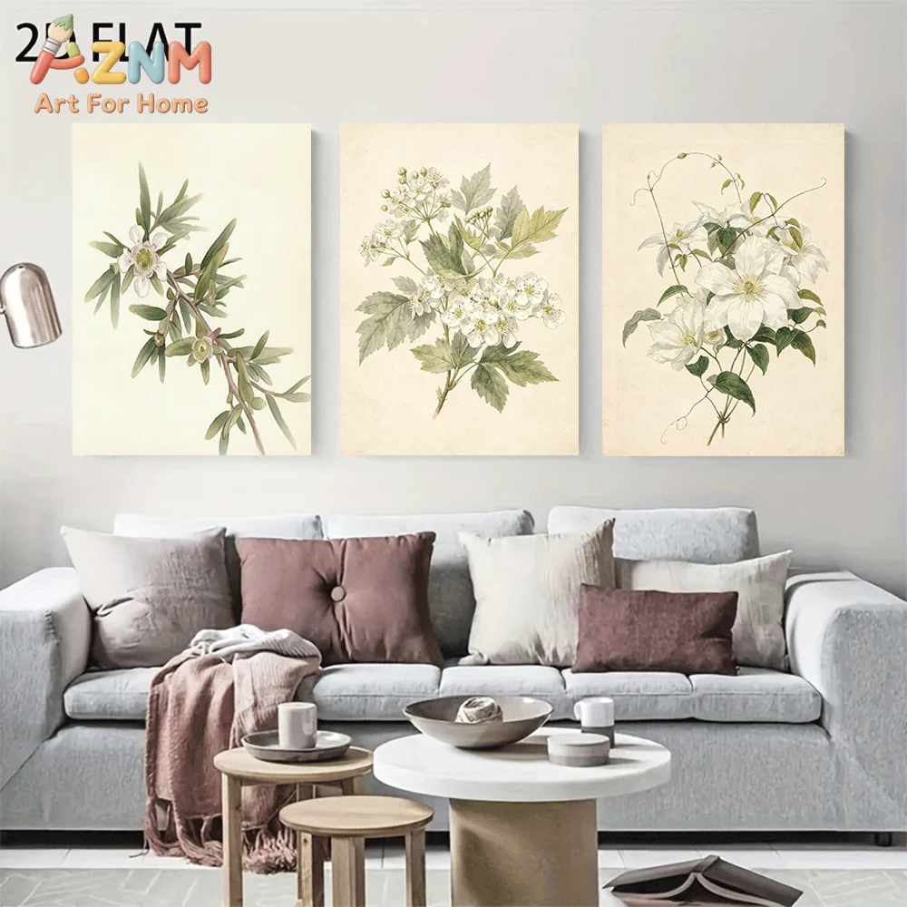 AZNM Frameless Canvas Wall Art, Vintage Botanical White Flower Print, Antique Watercolor Floral Wall Decor for Living Room Bedro