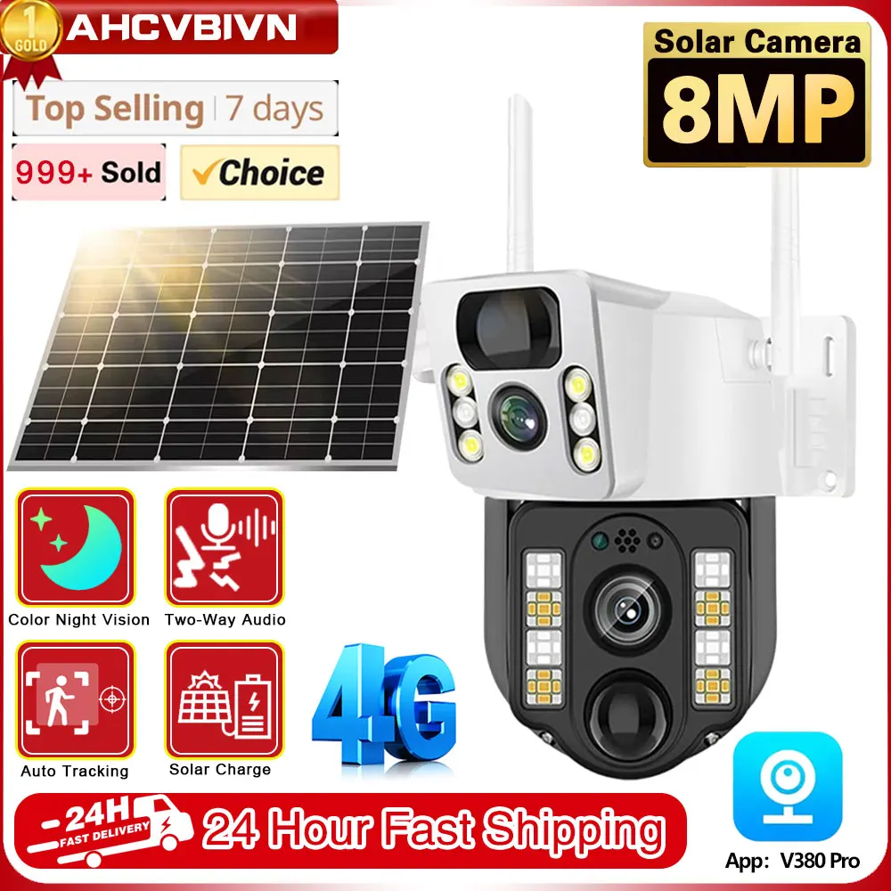 

4K Dual Lens 4G Sim Camera Solar Panel Outdoor Low Powered Cam Color Night Vision PIR Alarm Two Way Audio Solar CCTV IP Camera