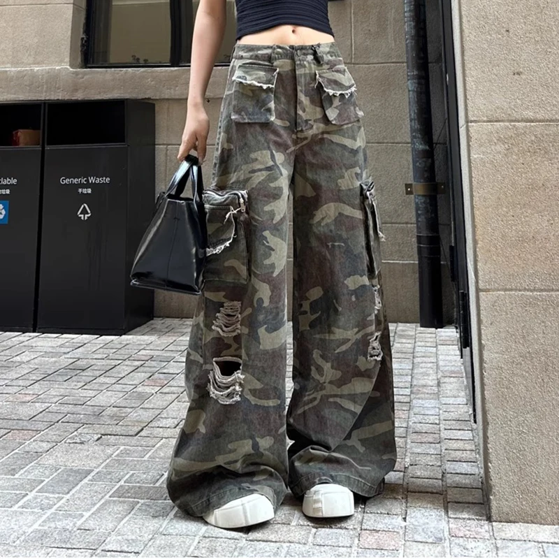 

Женская камуфляжная рабочая одежда, джинсы с несколькими карманами, 2000-е годы, Y2k, рваные свободные широкие джинсы с высокой талией в американском стиле, брюки-тапочки