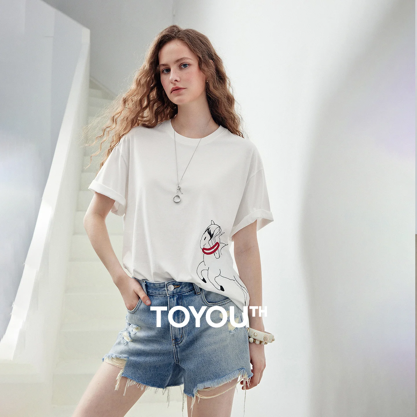 TOYOUTH Women T-Shirt 2026 Summer New Pegasus Embroidery Loose Drop Shoulder Casual Cotton Tops