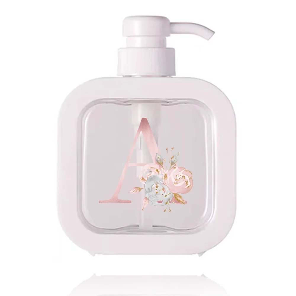 500ml Press Type Lotion Bottle Portable Liquid Lotion Refillable Bottles Shampoo Foam Split Bottle Pink Flower Letter Pattern