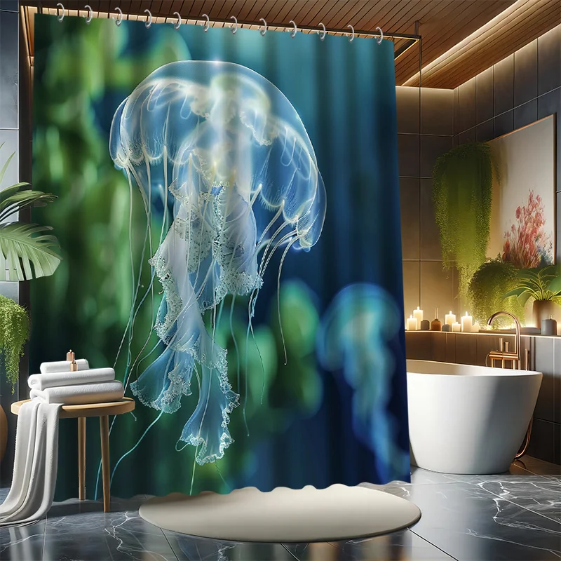4pcs, Ocean Jellyfish Shower Curtain Set, Featuring Cute Transparent Jellyfish from The Sea, Includes 12 Hooks, Waterproof