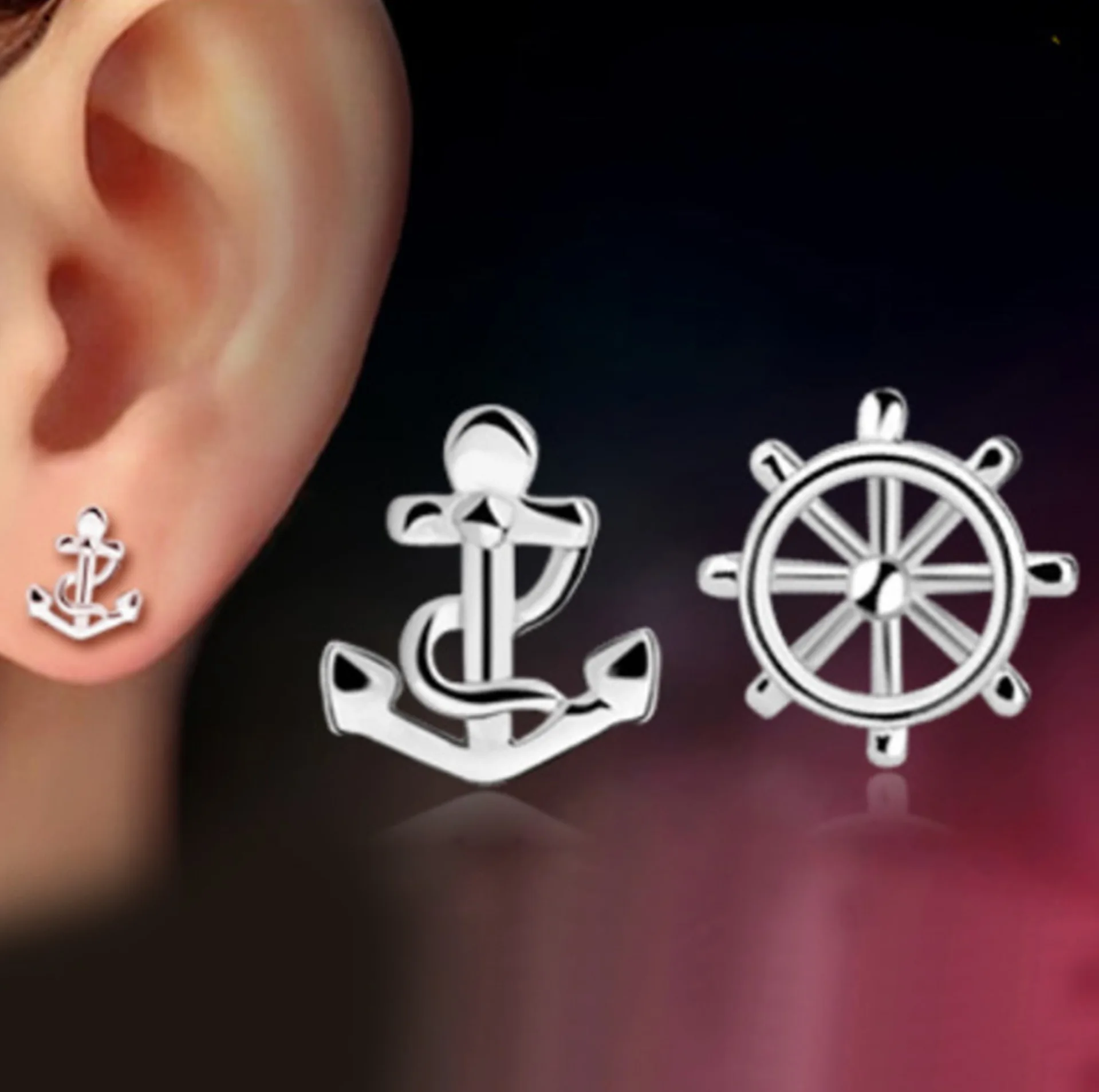 1 Pair Korean Retro Asymmetric Earrings for Women Stud Earrings Cute Boat Anchor Rudder Pirate Earrings Jewelry