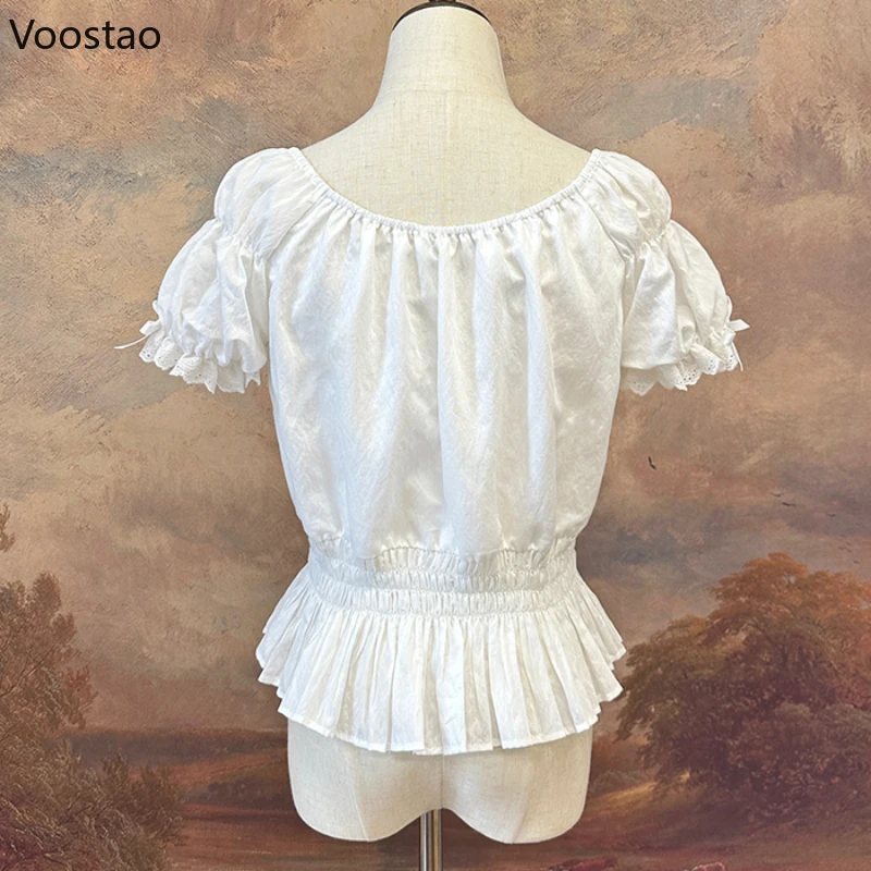 Vintage Sweet Lolita Blouses Women Cute Bow Lace Ruffles Puff Sleeve Slim Undershirt Girls Gothic Kawaii Shirt Crop Tops Summer