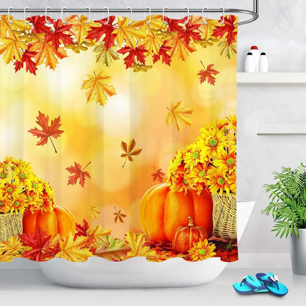 

Day Fall Harvest Shower Curtain Happy Thanksgiving Turkey Pumpkins Sunflowers Maple Leaves Waterproof Bath Curtains with Hooks