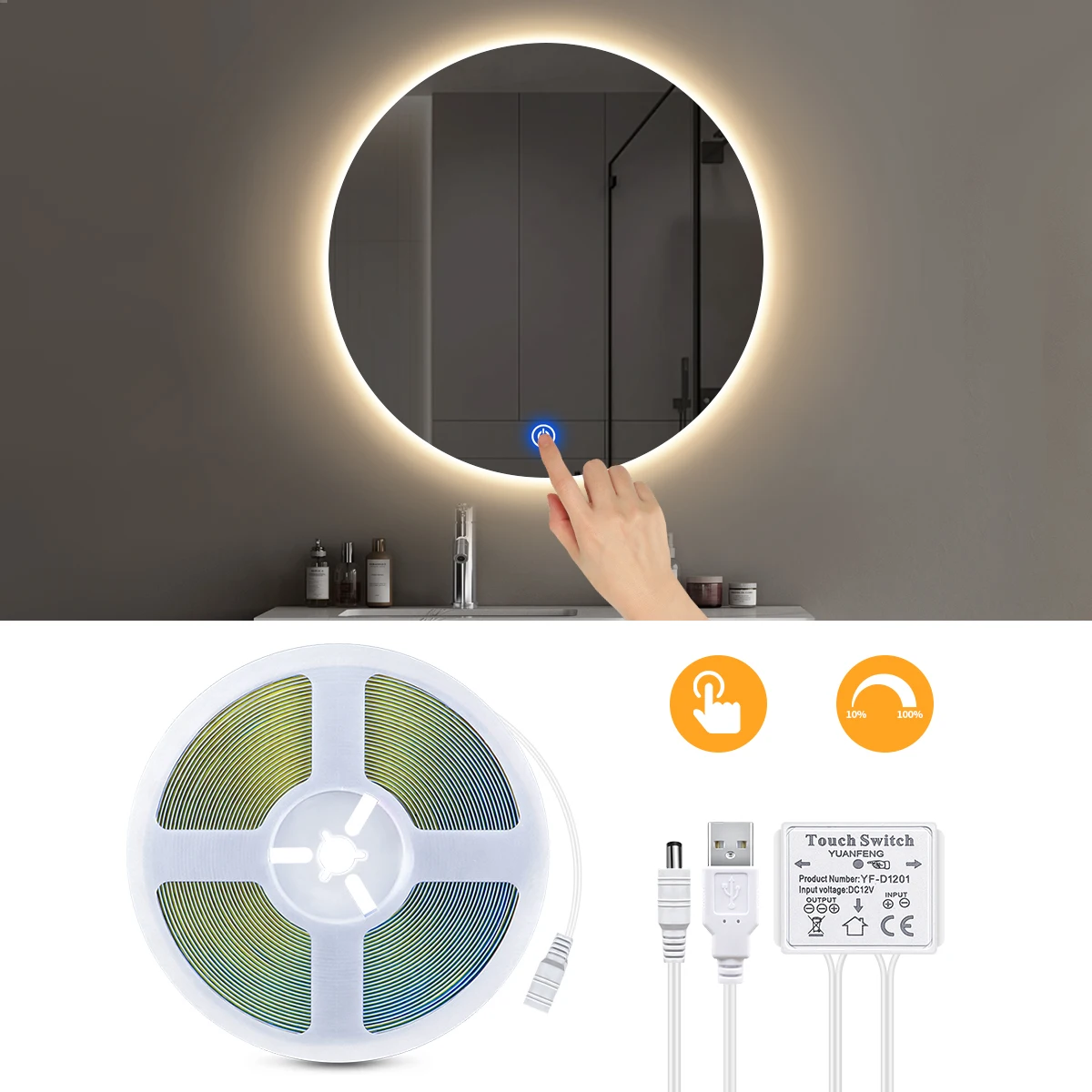 

LED Vanity Light USB 5V COB LED Strip Touch Sensor Dimmable Bathroom Dressing Table Lighting Makeup Mirror Light Backlight Decor