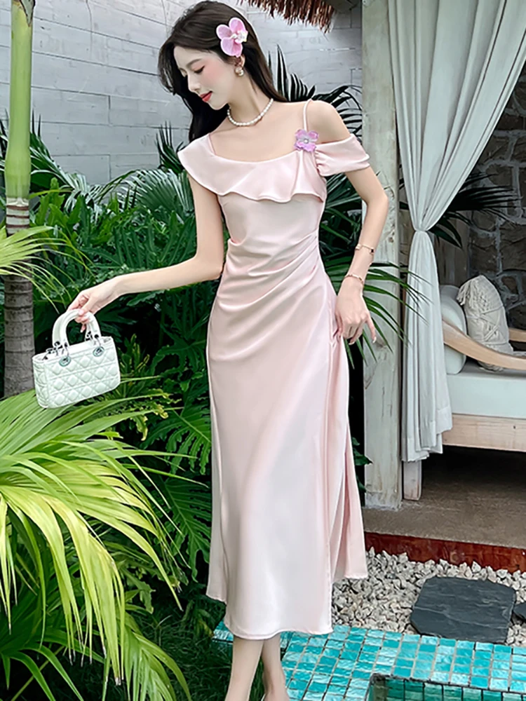 レディース ピンク サテン シック オフショルダー セクシー スリング ドレス 2025 エレガント ラグジュアリー インターナショナル ドレス サマー 韓国 ボディコン イブニングドレス