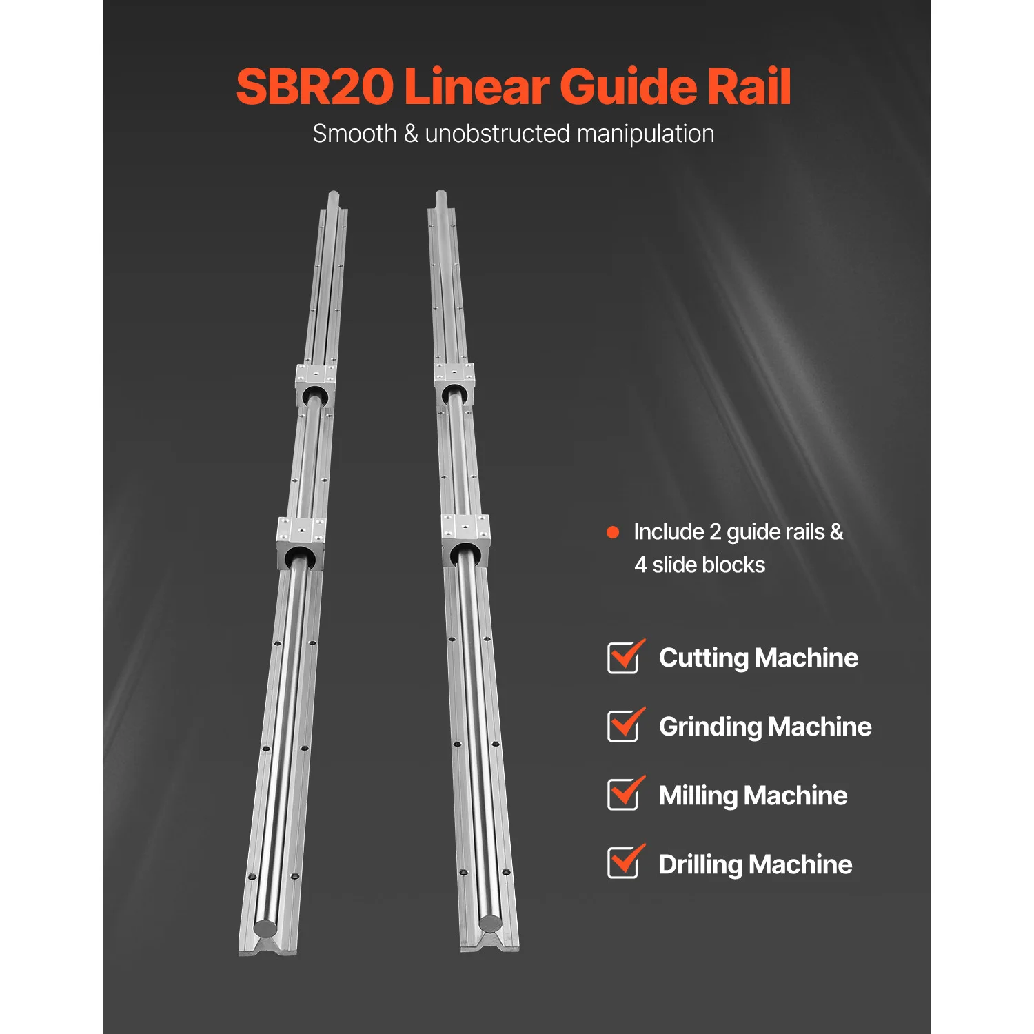 Linear Motion Set, SBR20 1500mm, Comes with Two 59 in/1500 mm SBR20 Rails & Four SBR20UU Blocks, Ideal for DIY CNC and Automation Tasks