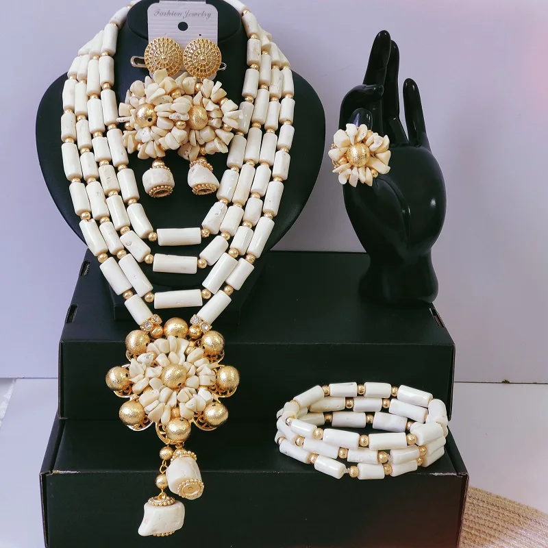 Luxury African Women White 4pcs Jewelry Set Bridal Wedding Coral Beads Necklace Earrings Ring Bracelet Party Gifts