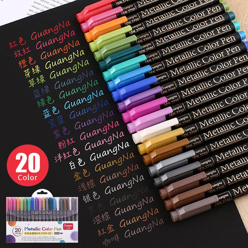 

20 Colors Metallic Markers 2mm Nib Water-based Ink Hand Account Paintingbrush Graffiti Painting Coloring Black Paper Art Markers