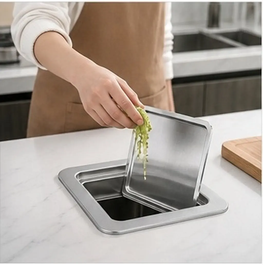 Embedded Kitchen Trash Grommet Lid Stainless Steel Square Swing Flap Cover for 19-21Cm Countertop Waste Chute Flush Mount Trash