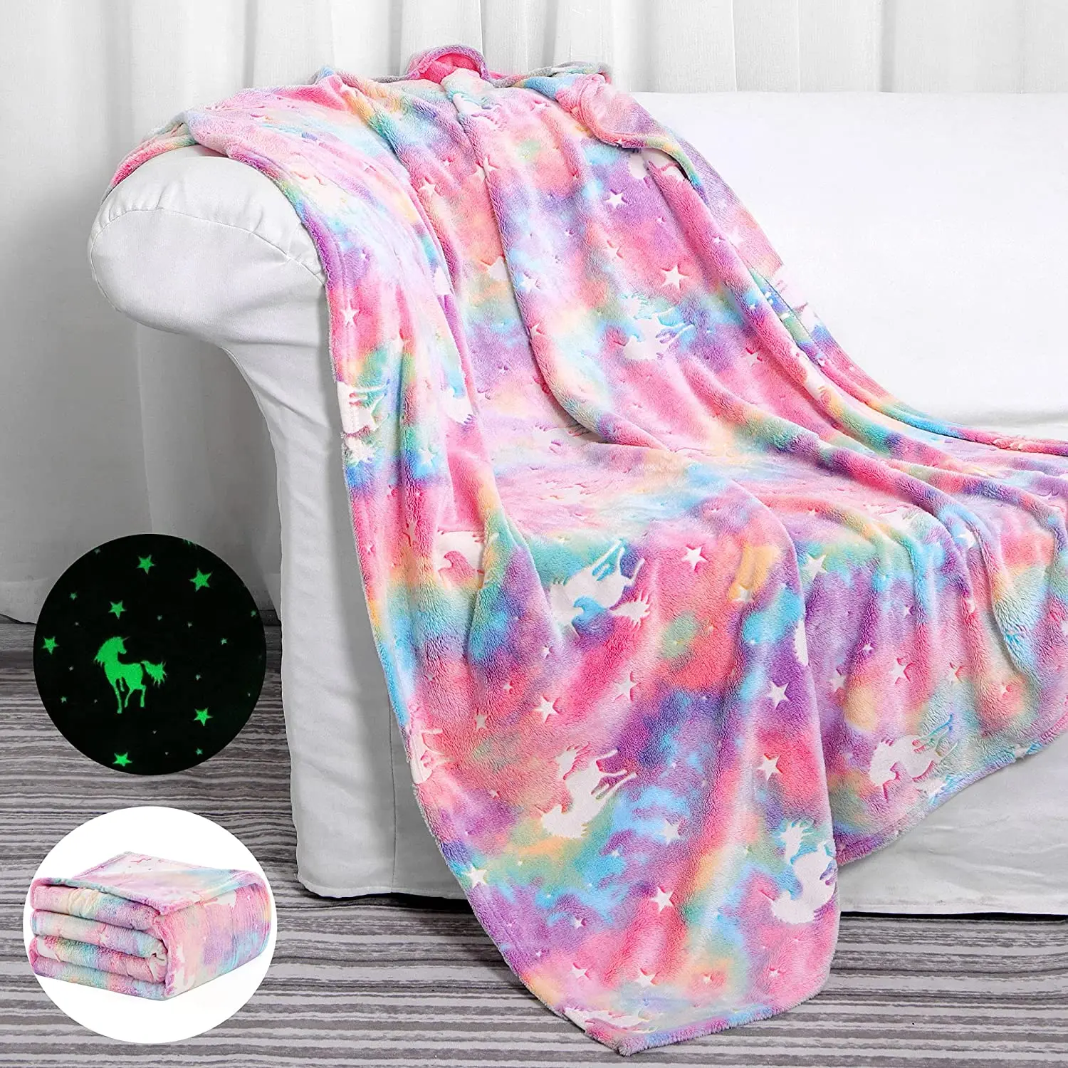 Unicorn Glow-in-the-Dark Blanket for Girls Soft Kids Birthday Christmas Thanksgiving Easter Gift for 1-12 Year Old