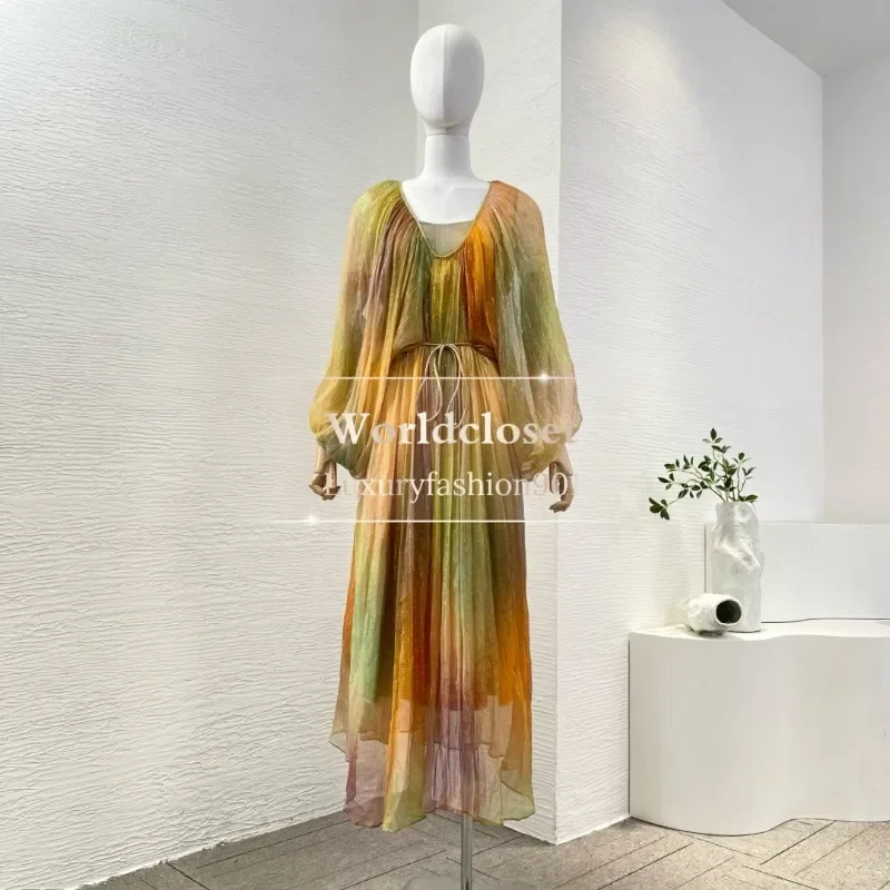 

Multi Color Orange Yarn Long Sleeve Pleat Irregular Hem Midi Dresses 2025 New Fashion Style Attractive