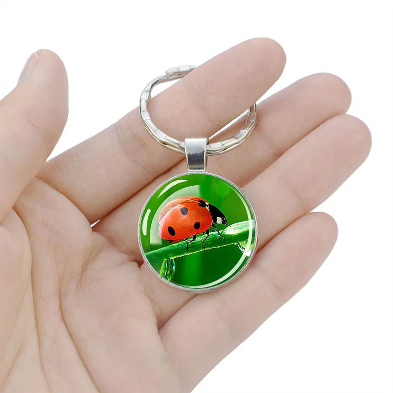 1pc Ladybug Cute Keychains Ladybird Lady Beetle Two-Sided Glass Ball Dome Wooden Pendant Key Chain Insect Keyring Jewelry Gift